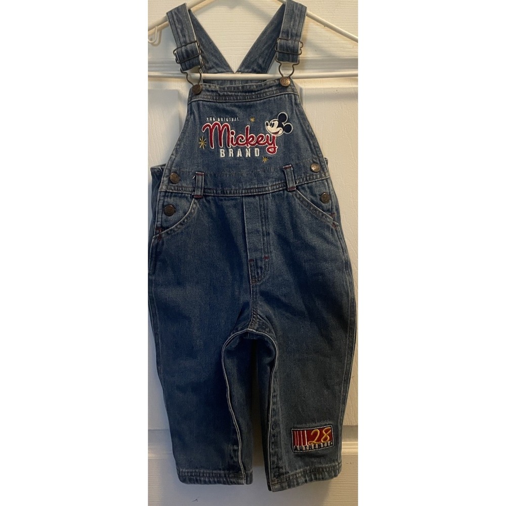 Vtg Original Mickey By Disney Denim Overall Embroidered Adjustable Straps 24 Mth